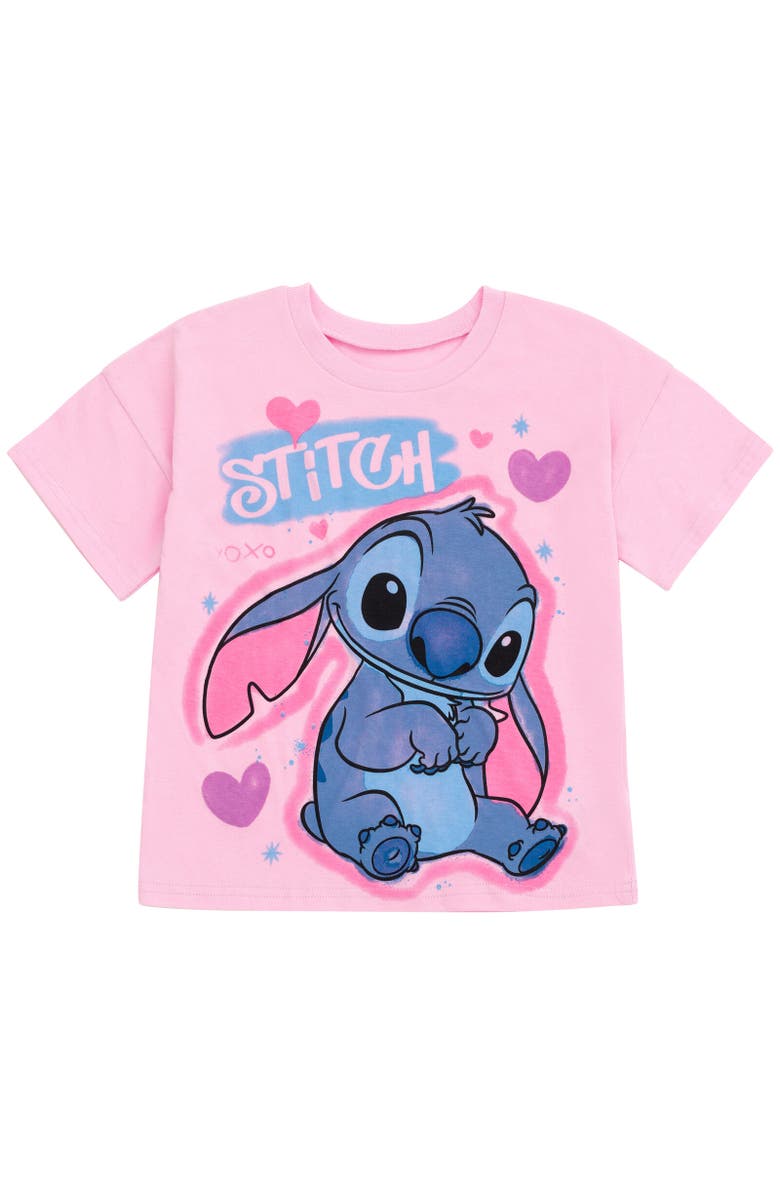 Disney Airbrush Graphic Short Sleeve Tee and French Terry Dolphin Shorts Outfit, Alternate, color, Stitch Pink Blue