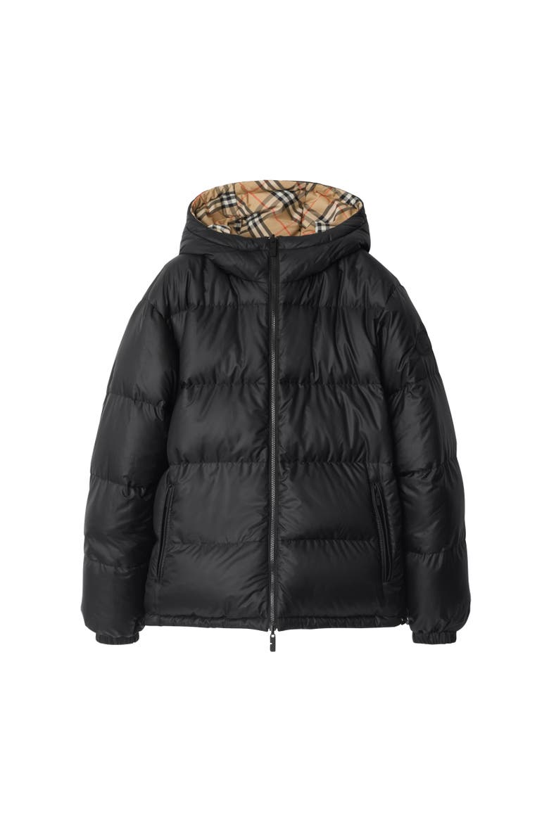 Reversible Check Hooded Puffer Jacket, Alternate, color, Sand beige