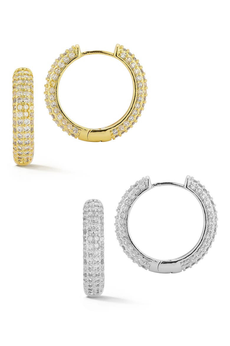 Set of 2 Pavé Hoop Earrings, Main, color, GOLD/ SILVER