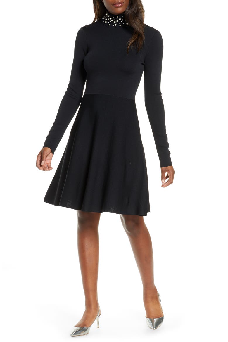 Long Sleeve Fit & Flare Sweater Dress, Main, color, BLACK