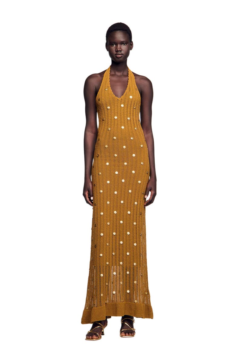 SANDRO Long knit dress with fringes, Main, color, 