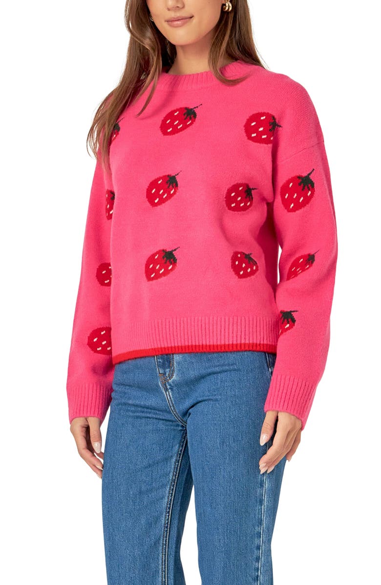 English Factory Strawberry Jacquard Crewneck Sweater, Alternate, color, 