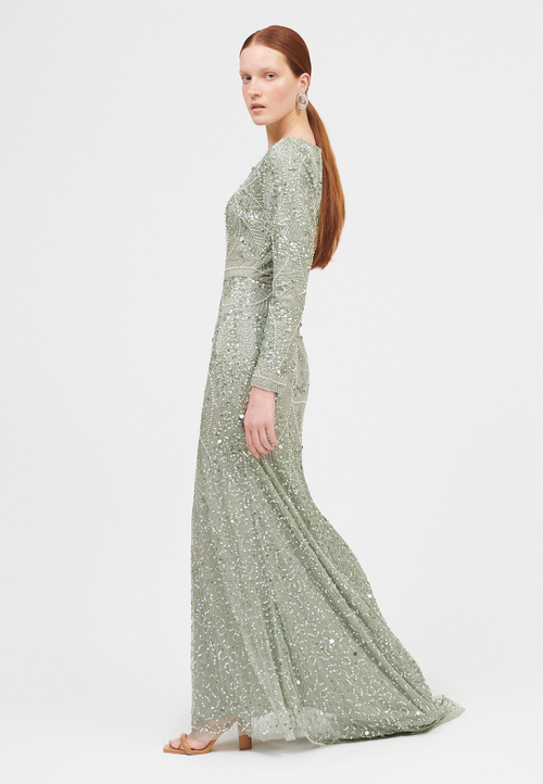 Maryisa Embellished Sequin Beaded A Line Gown In Sage Green