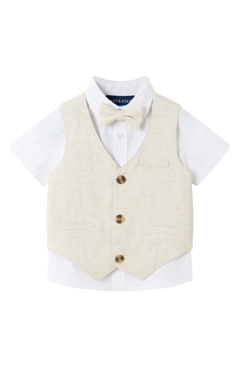 Andy & Evan Short Sleeve Button-Up Shirt, Vest, Shorts & Bow Tie Set, Alternate, color, Beige