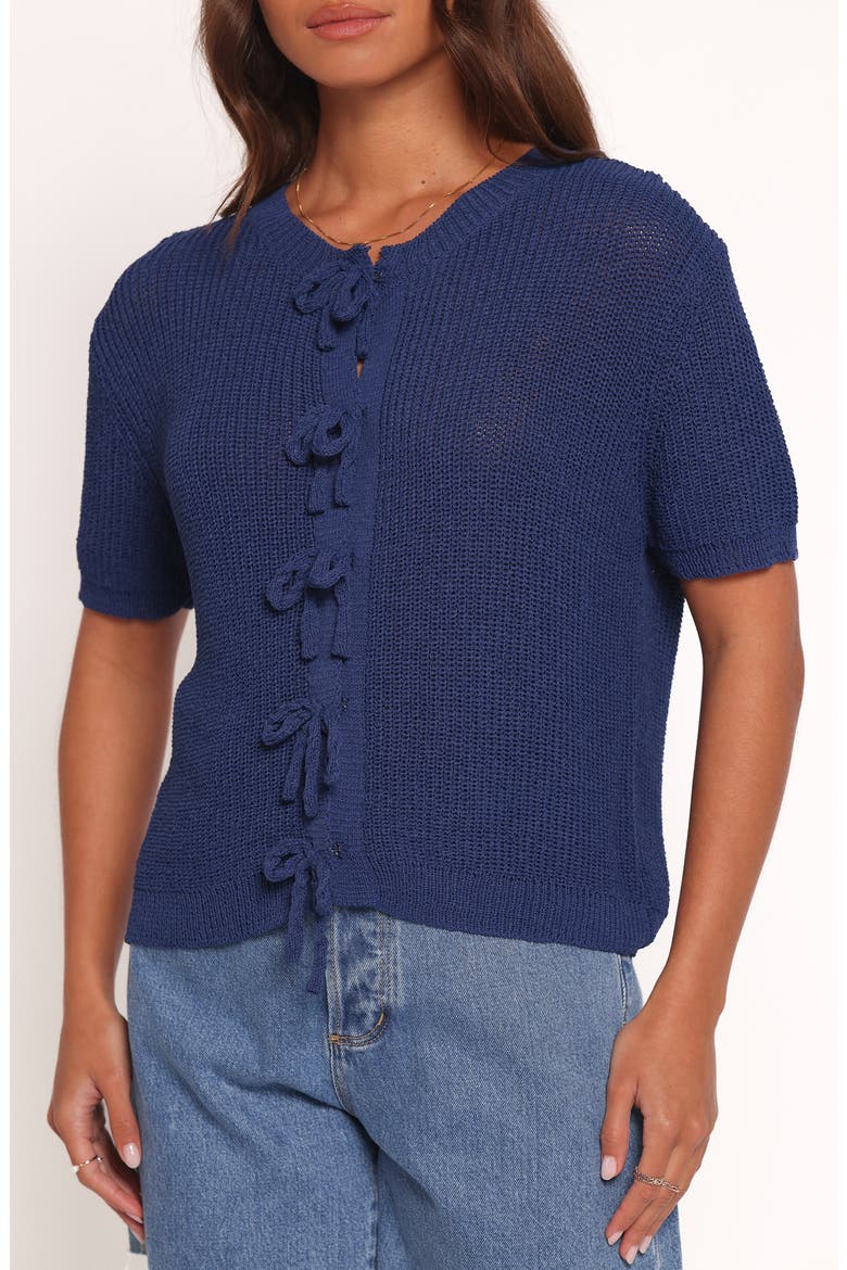 Gemma Bow Accent Short Sleeve Cardigan, Alternate, color, NAVY