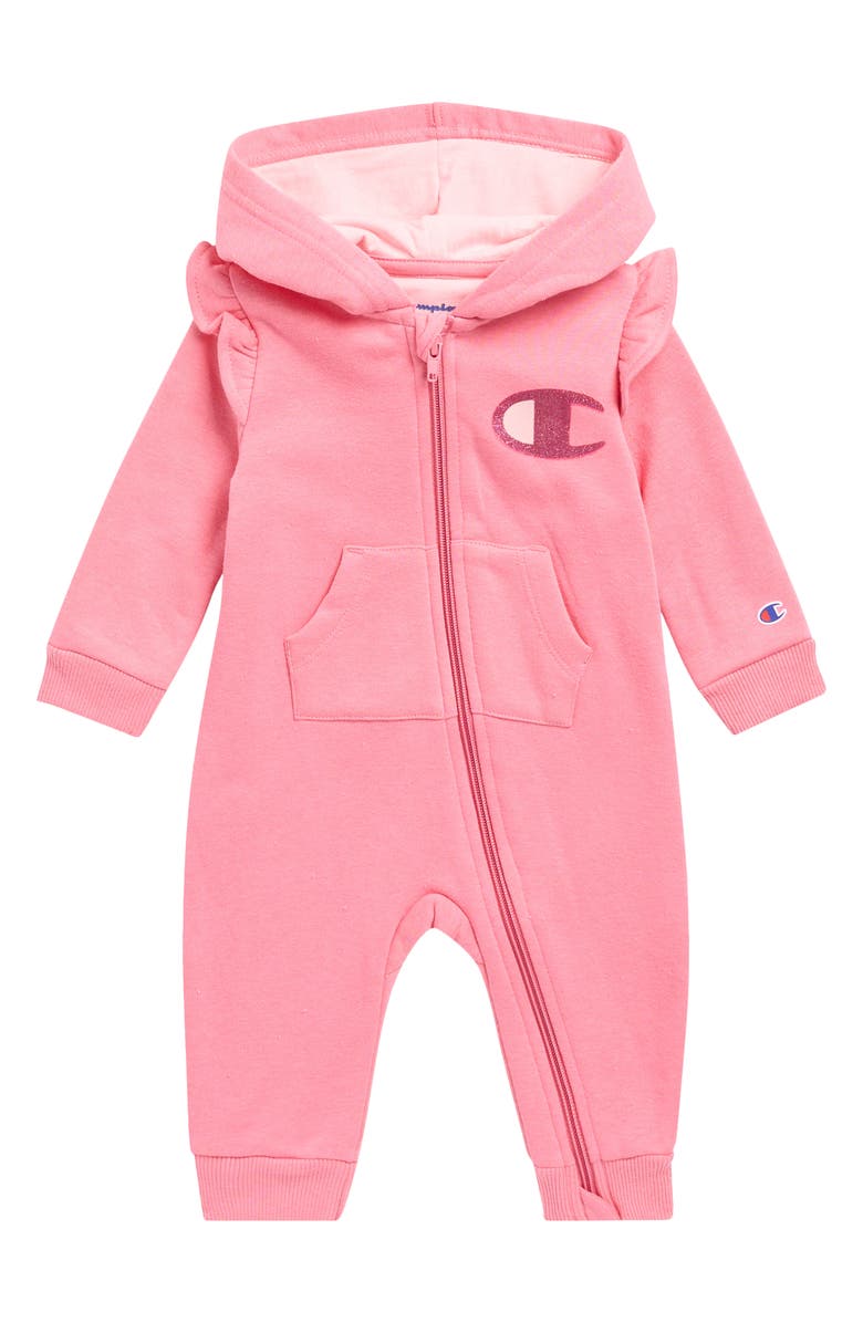 Champion Long Sleeve Hooded Romper, Main, color, Bubble Gum