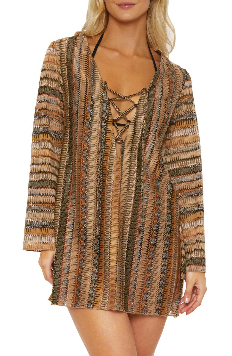 Isabella Rose Syracuse Lace-Up Metallic Swim Cover-Up, Main, color, Brown Multi