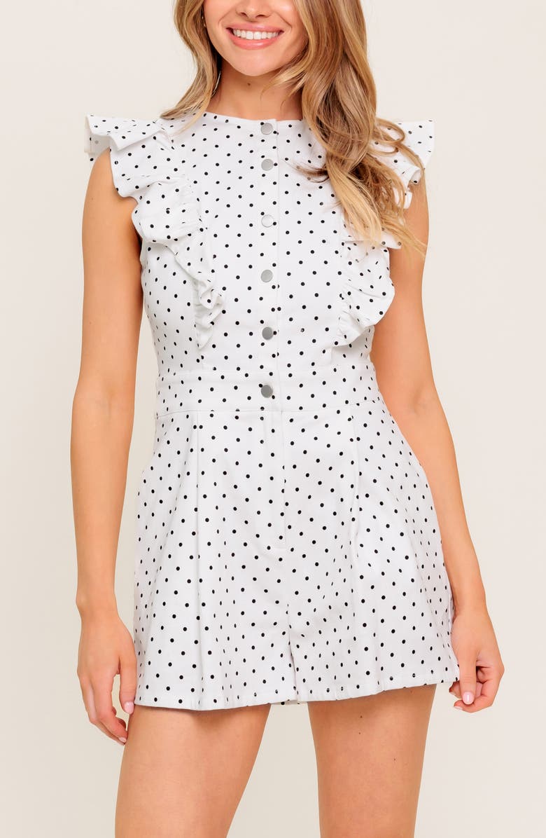 FLYING TOMATO Polka Dot Ruffle Romper, Alternate, color, White/ Black