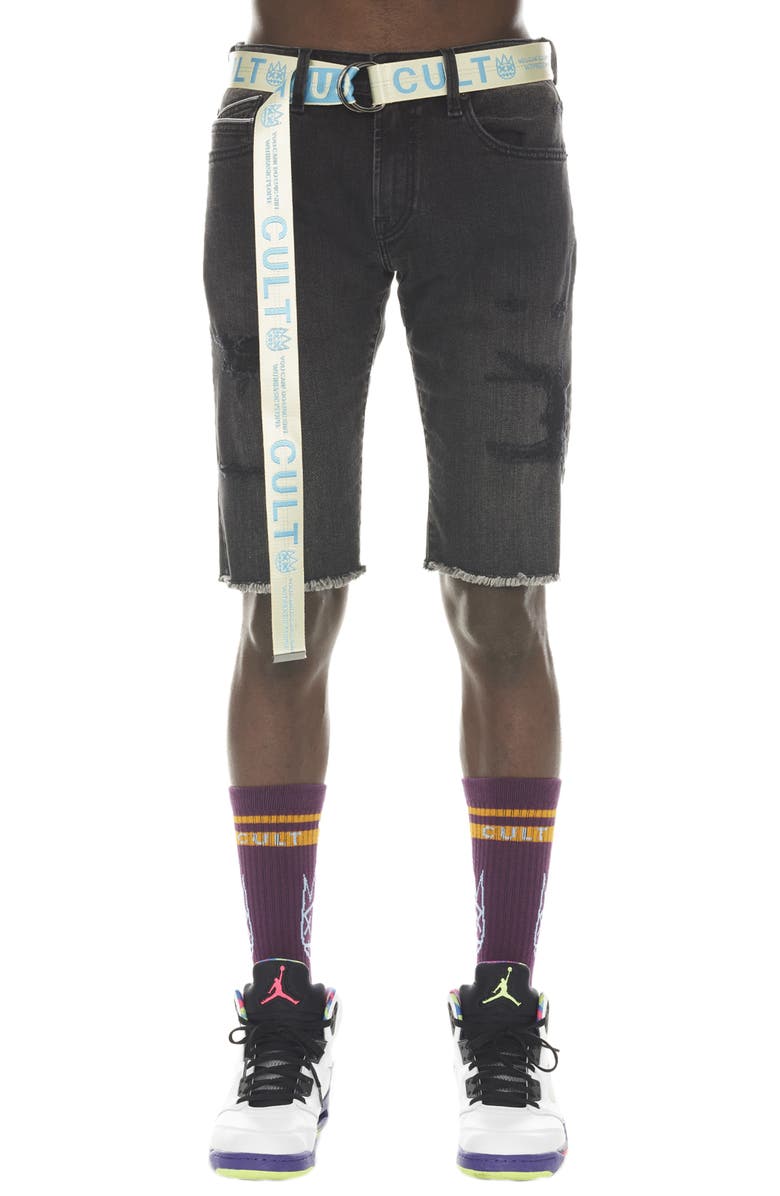 Cult of Individuality Rocker Belted Denim Shorts, Main, color, Jet Black