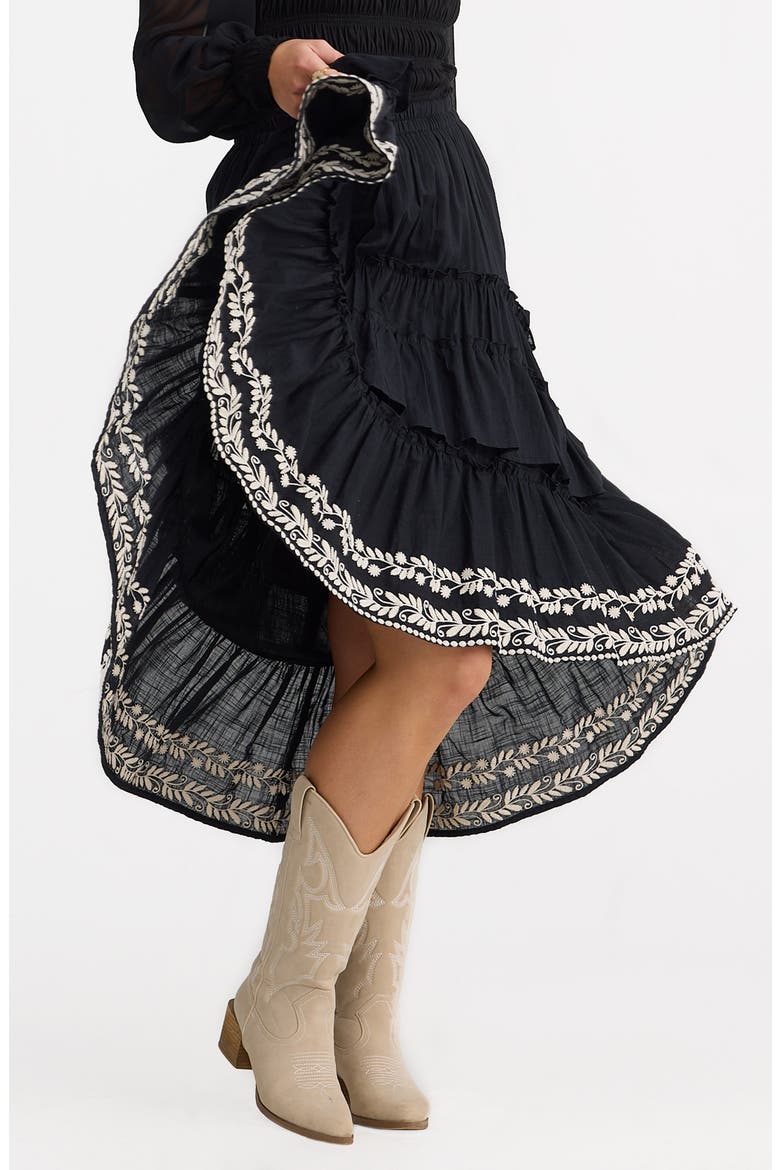 Sassy Tiered Ruffle Embroidered High-Low Skirt, Alternate, color, BLACK W OFF WHITE