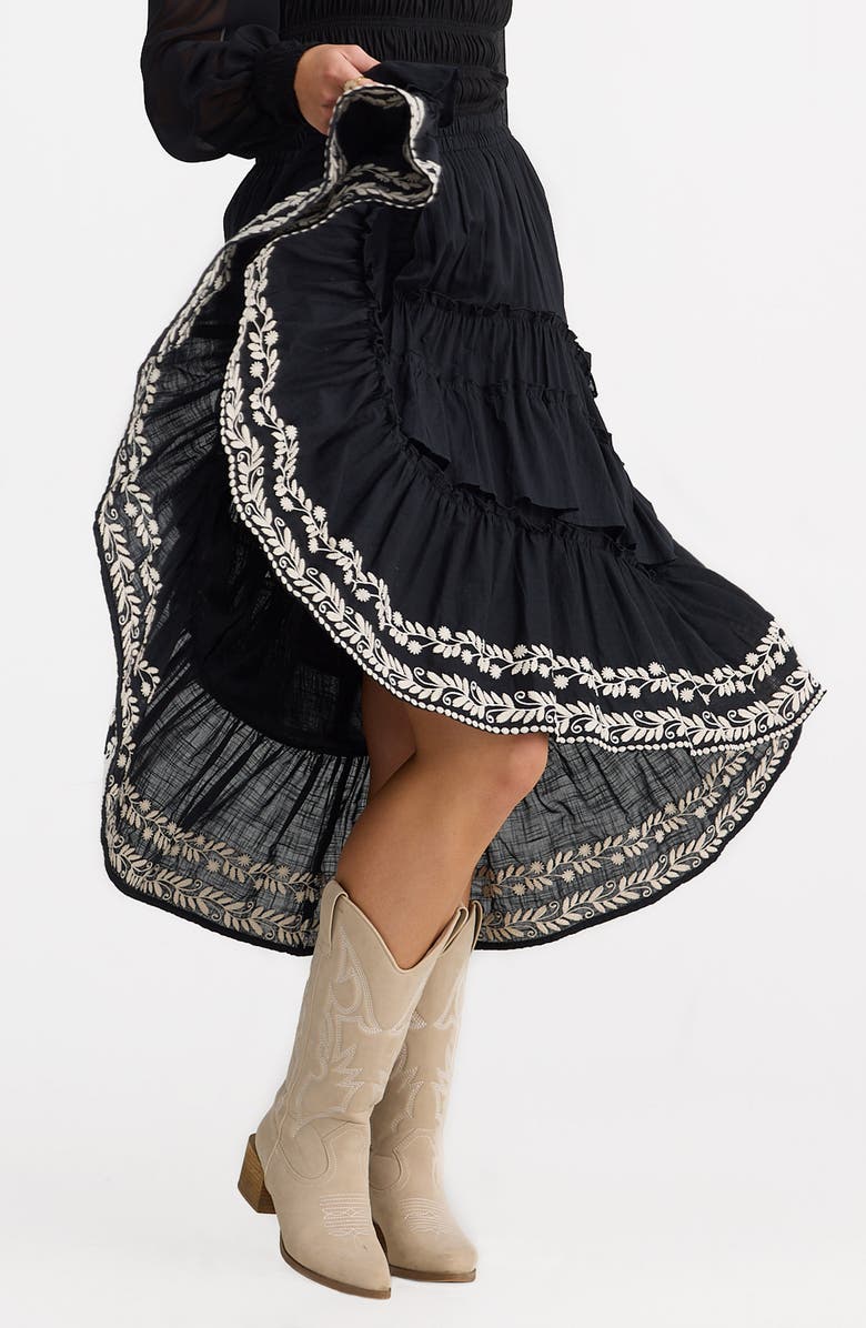 Talisman the Label Sassy Tiered Ruffle Embroidered High-Low Skirt, Alternate, color, Black W Off White