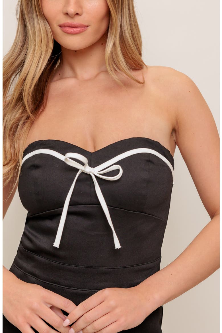 Bow Strapless Cotton Blend Romper, Alternate, color, BLACK