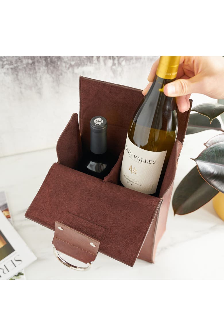Brown Double-Bottle Wine Tote in Faux Leather, Alternate, color, Brown