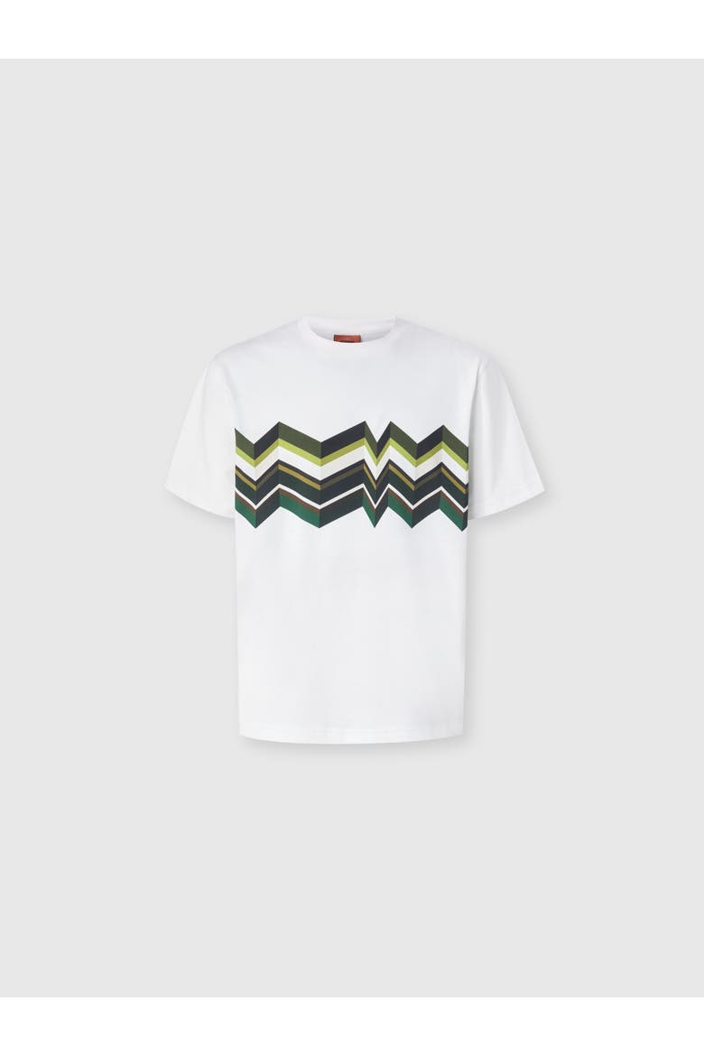 Crew-neck Cotton T-shirt With Irregular Zigzag Print, Main, color, White & Green