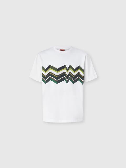 Crew-neck Cotton T-shirt With Irregular Zigzag Print