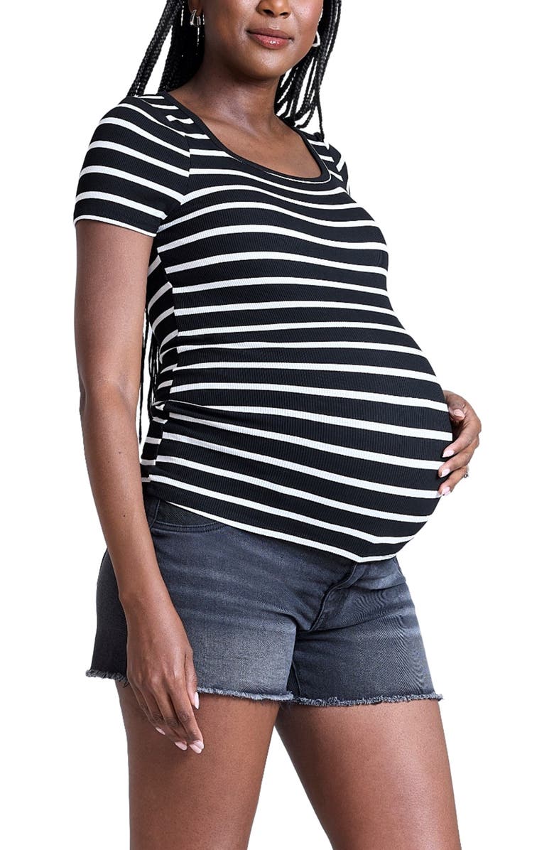 MOTHERHOOD MATERNITY Square Neck Rib Knit Short Sleeve Top, Alternate, color, Black 
White Stripe