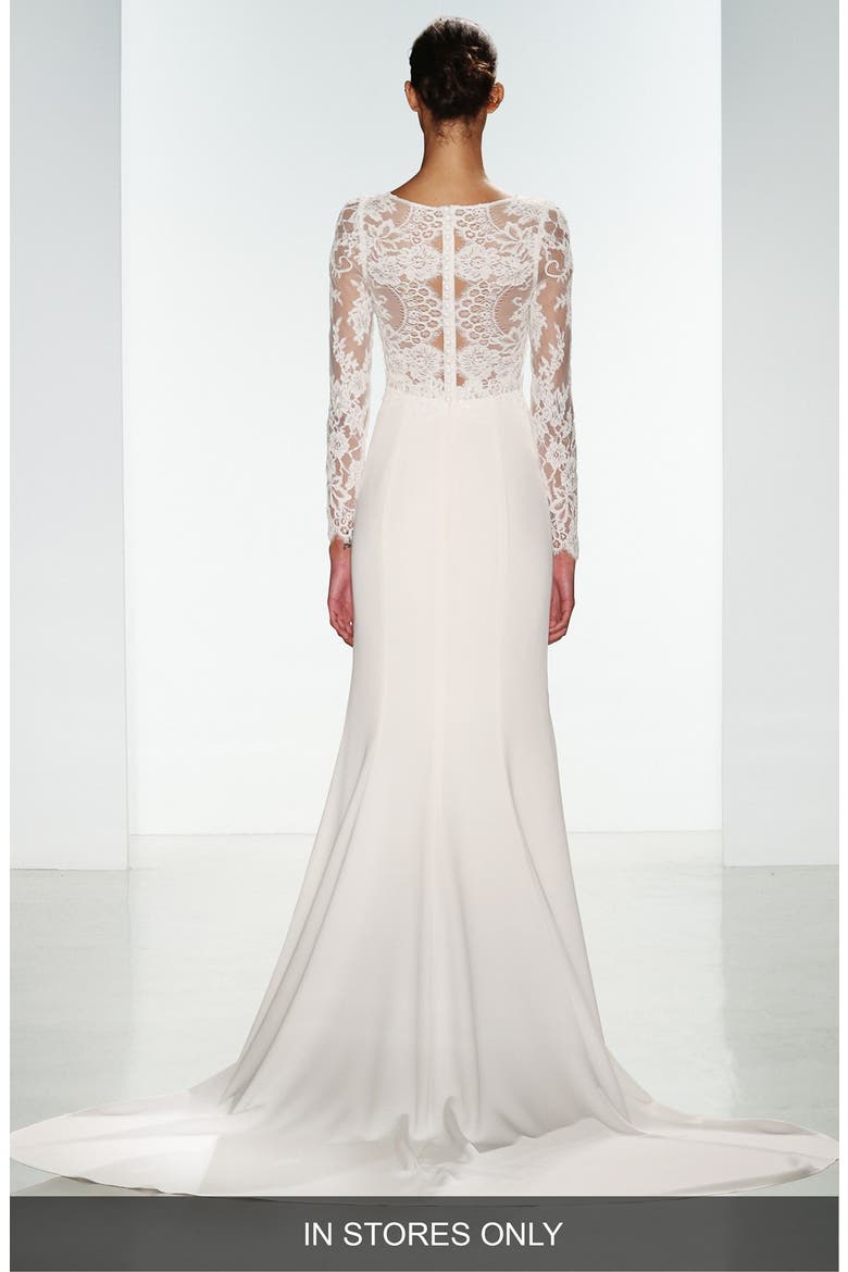 Noelle Long Sleeve Lace & Crepe Gown, Alternate, color, IVORY