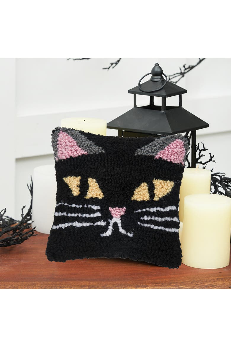 Black Cat Hooked Petite Halloween Accent Pillow 8" x 8", Alternate, color, Black