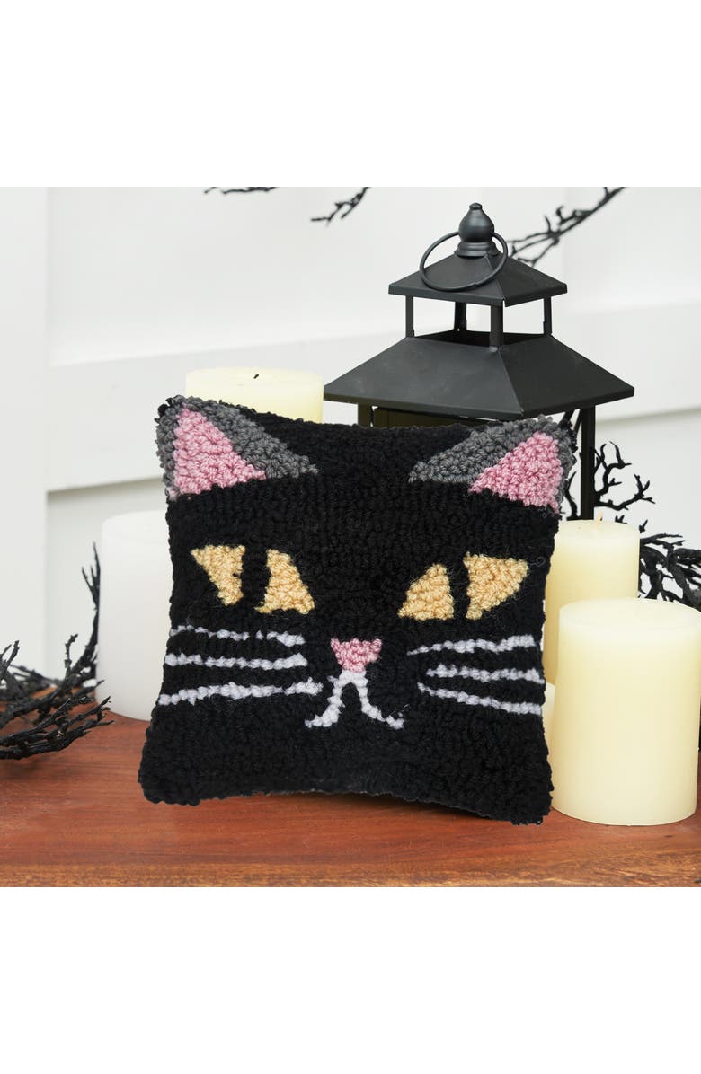 C&F Home Black Cat Small Petite Hooked Halloween Accent Pillow, 8" x 8", Alternate, color, Black