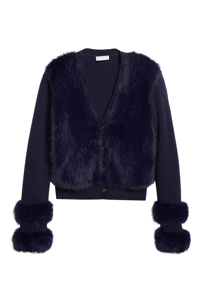Vivietta Faux Fur Trim Wool Blend Cardigan, Alternate, color, NAVY