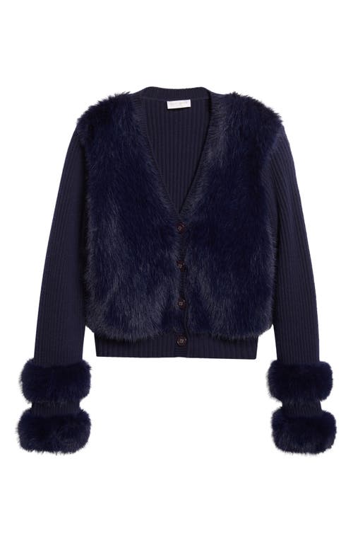 Ramy Brook Vivietta Faux Fur Trim Wool Blend Cardigan In Blue