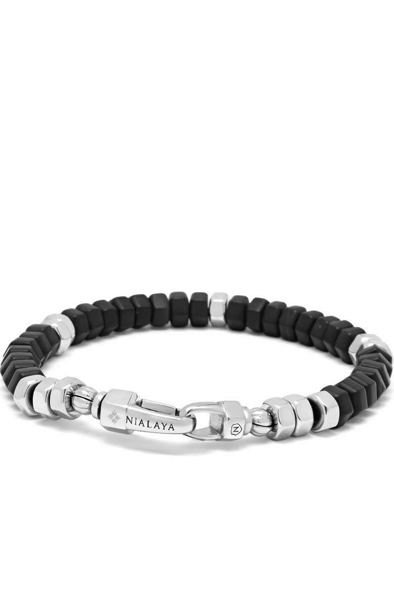 Nialaya Hexagon Black Onyx Beaded Bracelet, Main, color, Black Onyx / Silver