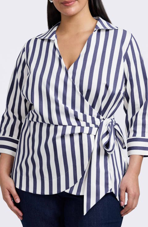 Salina Stripe Cotton Blend Wrap Shirt (Plus)