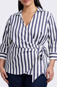 Foxcroft Salina Stripe Cotton Blend Wrap Shirt