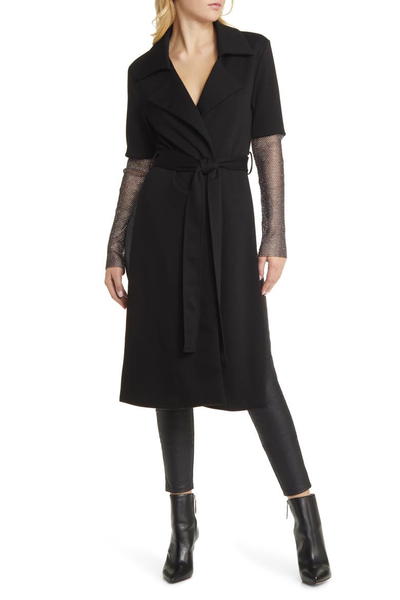 Rhinestone Tie Waist Long Sleeve Blazer Dress, Main, color, BLACK