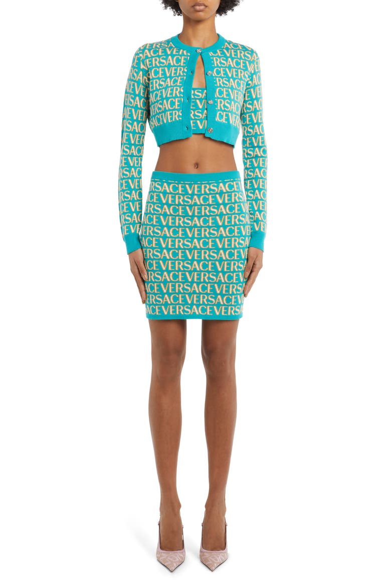 Metallic Logo Cotton Blend Crop Cardigan, Alternate, color, TURQUOISE LIGHT BLUE