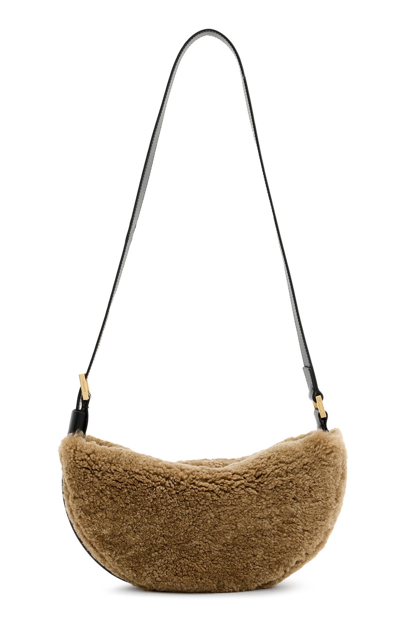 AllSaints Half Moon Genuine Shearling Crossbody, Main, color, 