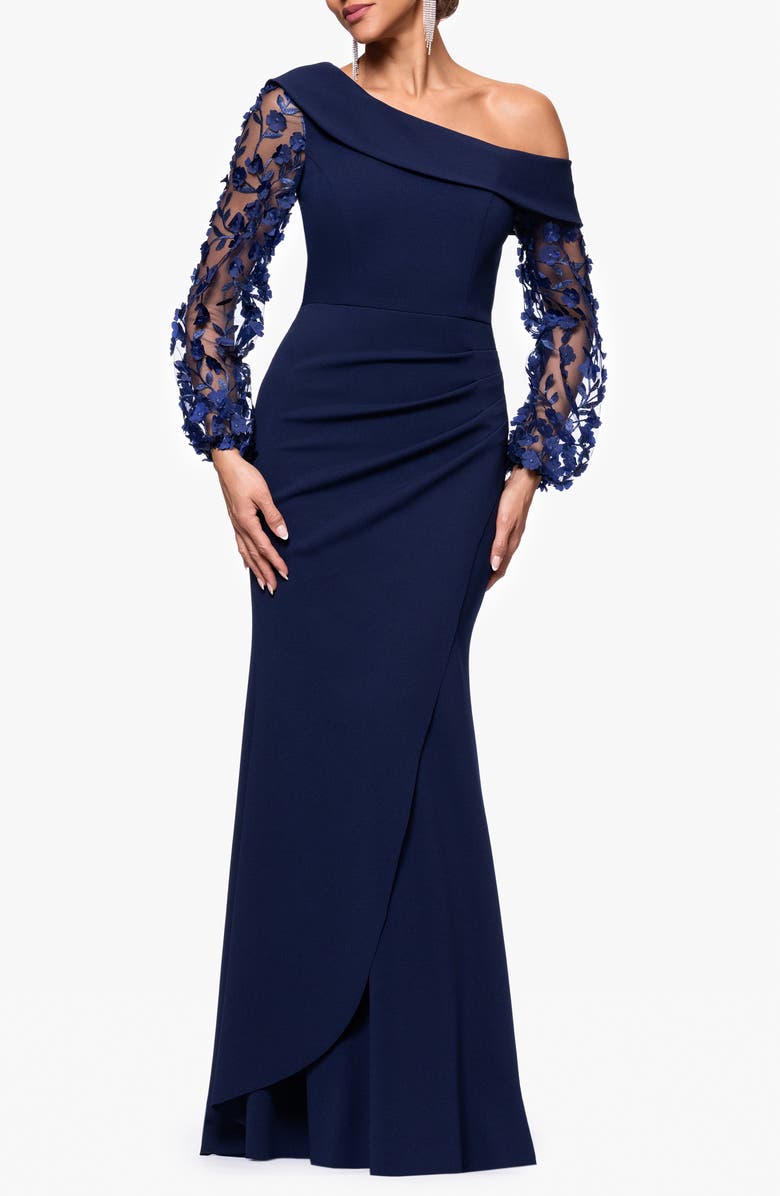 Xscape Evenings Floral Appliqué Long Sleeve Gown, Main, color, Navy