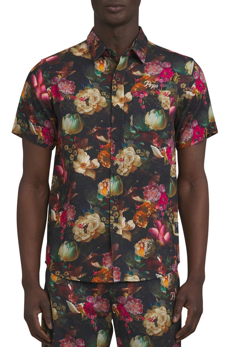 PRPS Gold Finch Floral Short Sleeve Cotton Button-Up Shirt, Main, color, 