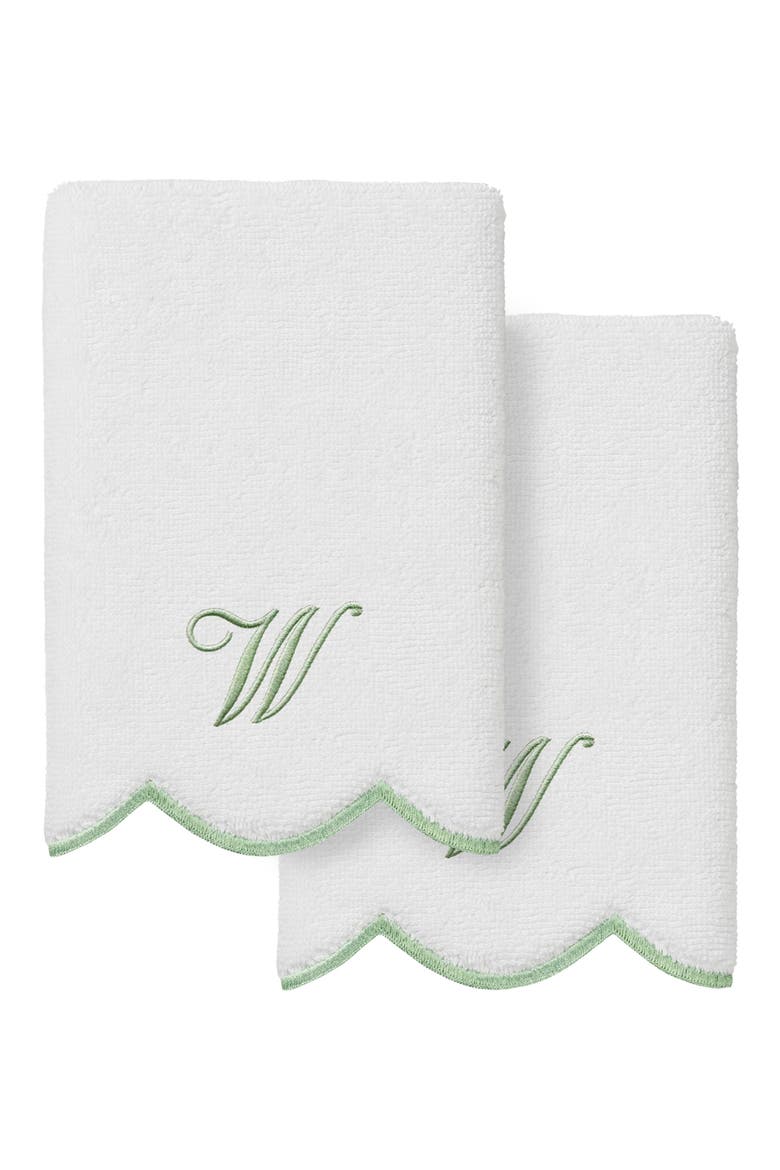 Adornia Scallop Personalized Monogram 2-Piece Washcloth Set, Main, color, WHITE/ GREEN W