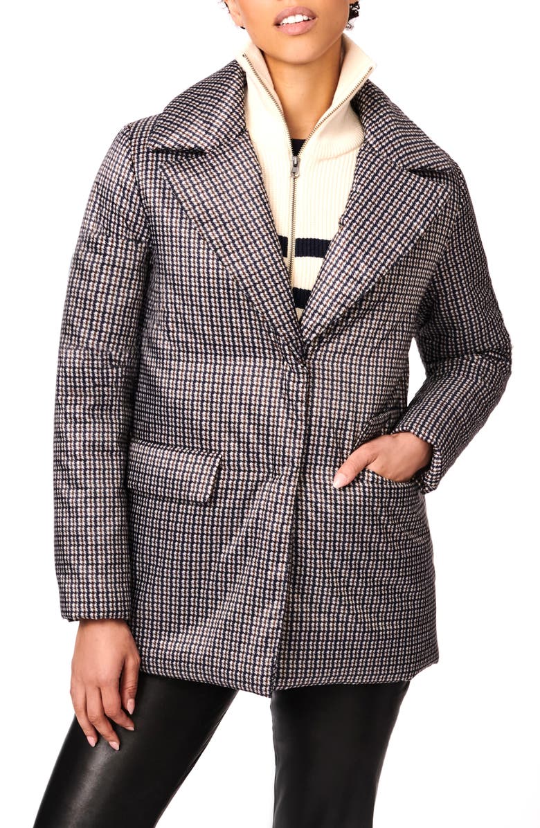 Bernardo Houndstooth Recycled Polyester Puffer Blazer, Main, color, Blackbrown