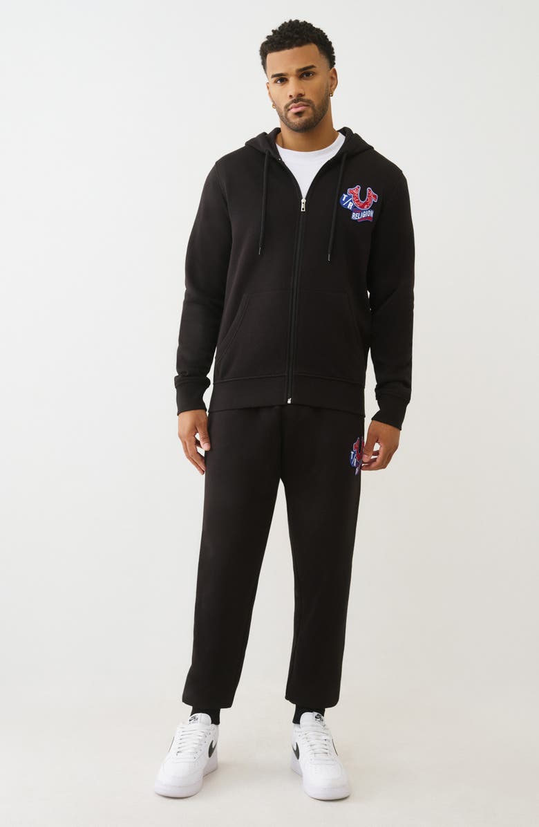 True Religion Embroidered Patch Zip Hoodie, Alternate, color, Jet Black