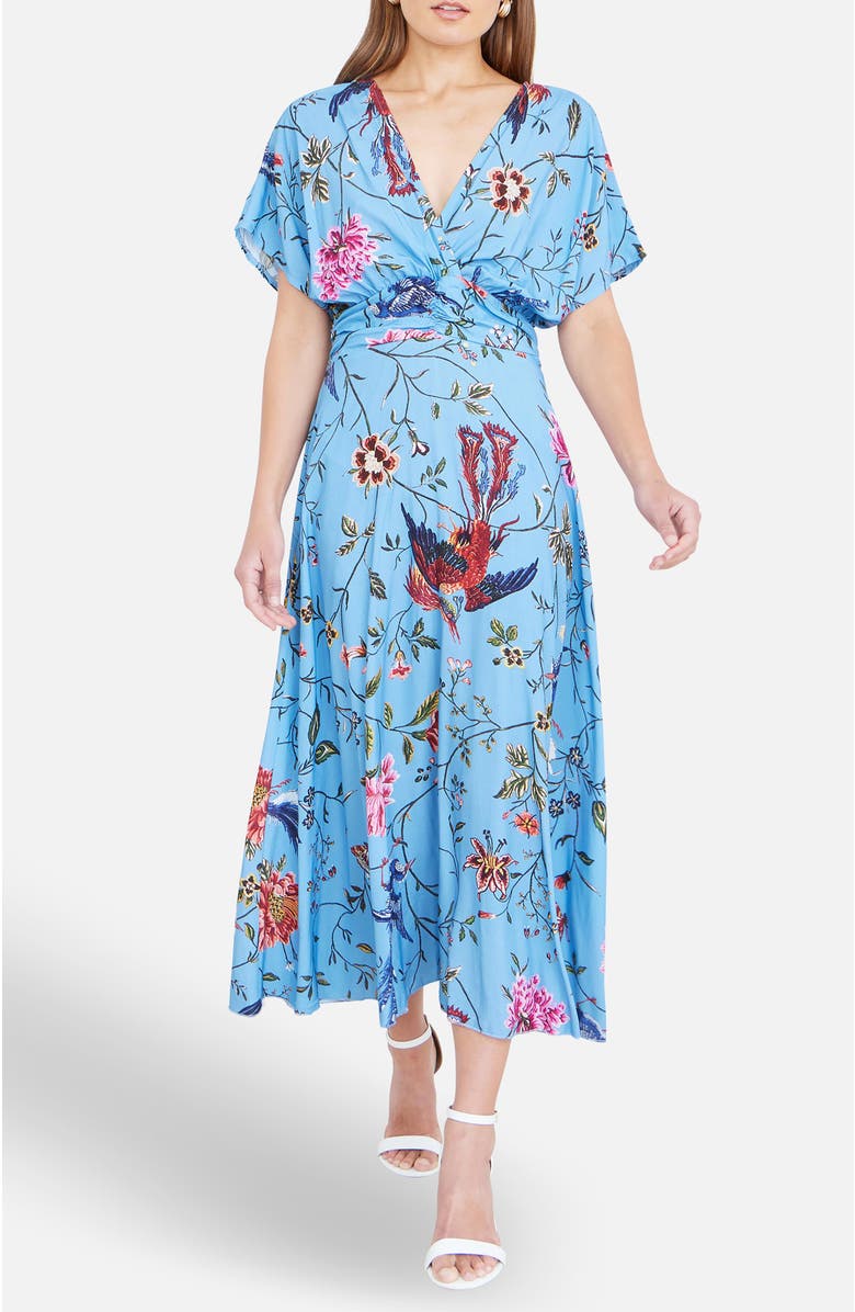 Yumi Bird And Floral Print Midi Dress, Alternate, color, Blue