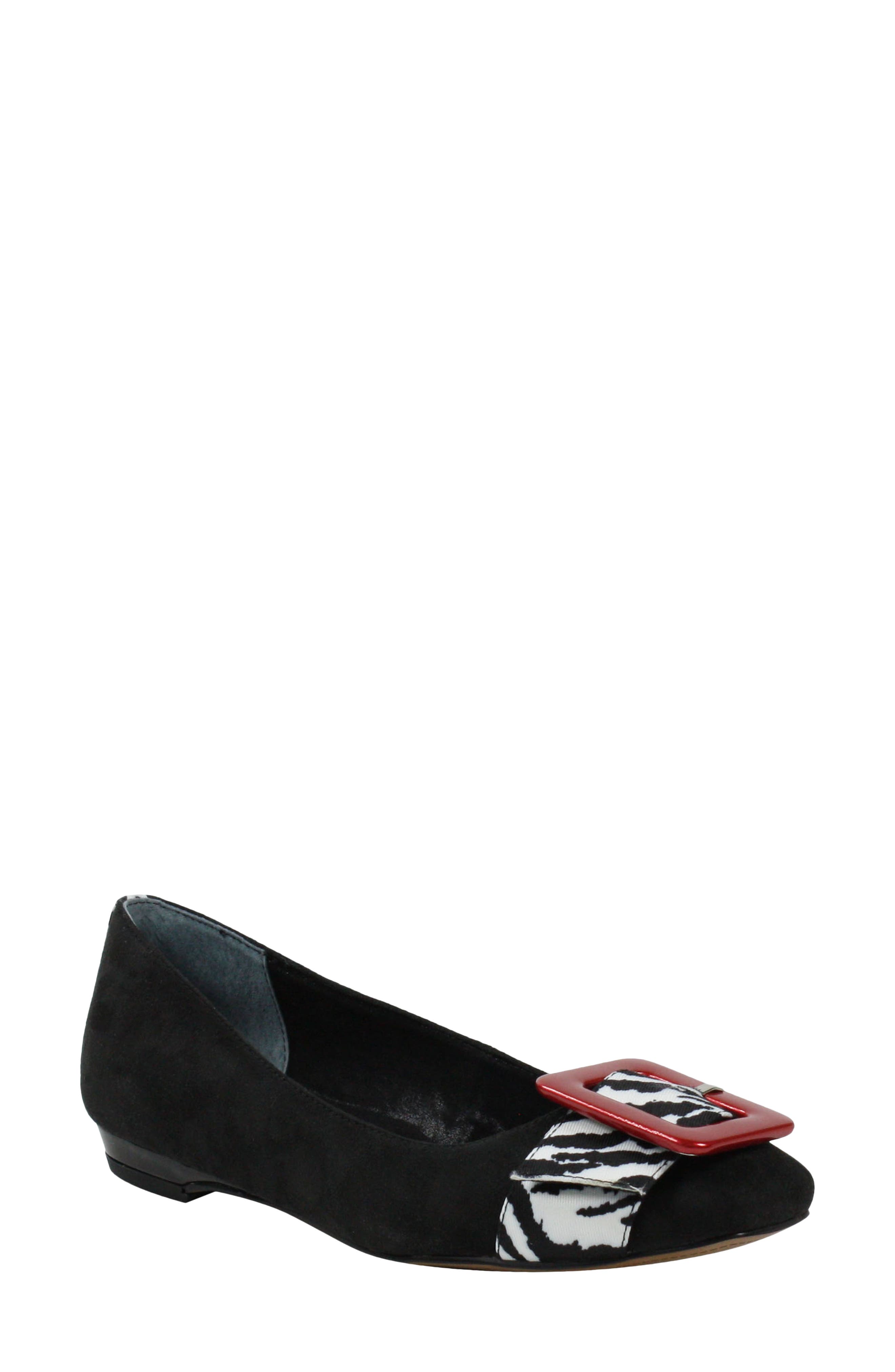 Odalyz Buckle Flat, Main, color, BLACK SUEDE/ WHITE ANIMAL