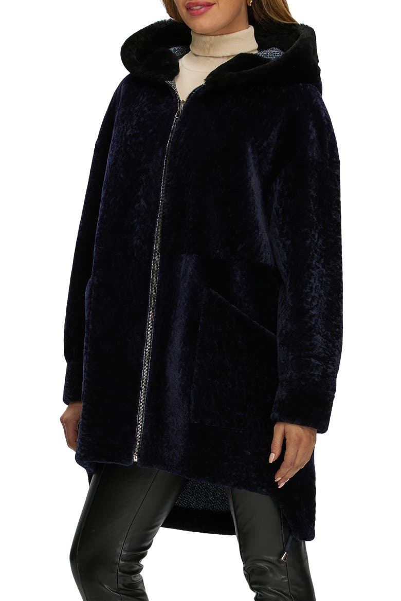Genuine Shearling Hooded Long Coat, Reversible, Alternate, color, NAVY/BLUE