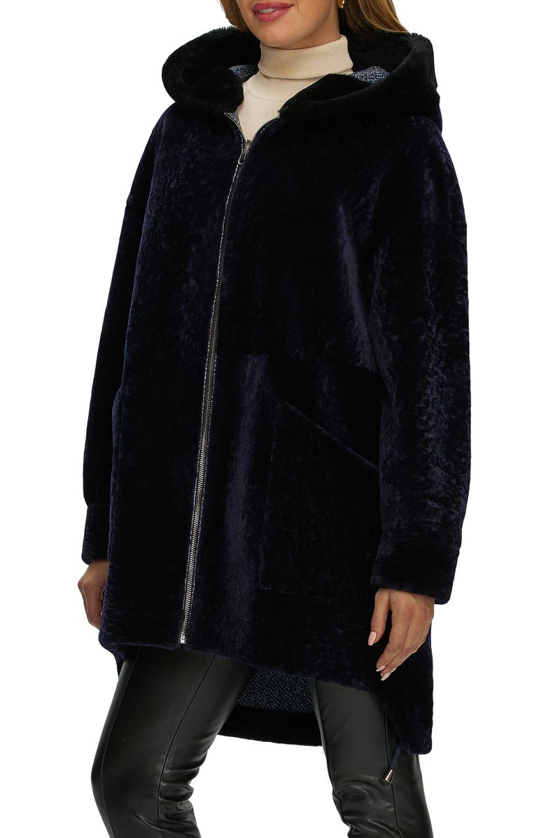 GORSKI Genuine Shearling Hooded Long Coat, Reversible, Alternate, color, Navy/Blue