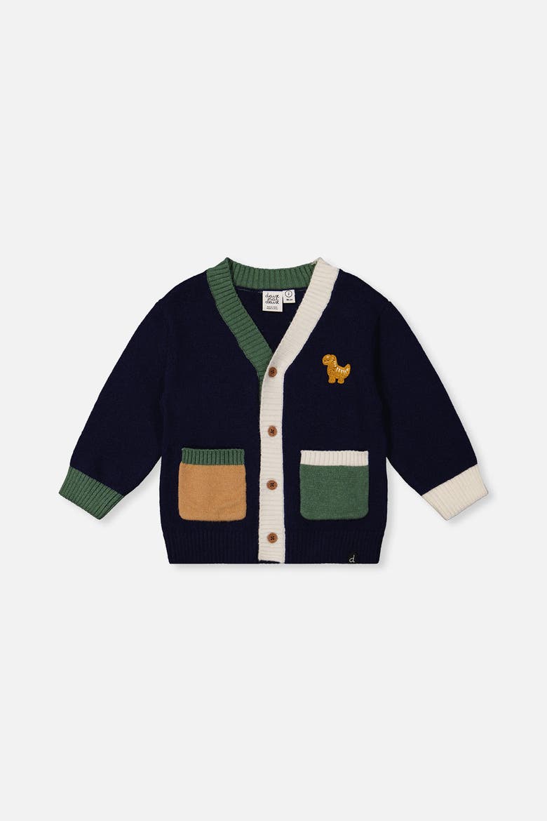 Dino Embroidered Colorblock Pocket Knit Cardigan, Main, color, Dark Blue, Green and Yellow