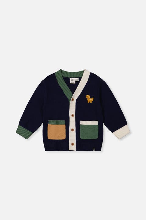 Dino Embroidered Colorblock Pocket Knit Cardigan