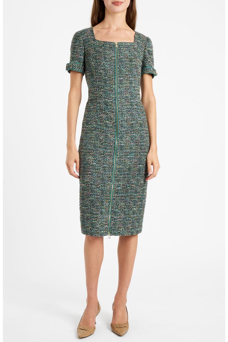 Bri Short Sleeve Zippered Tweed Dress, Main, color, Evergreen