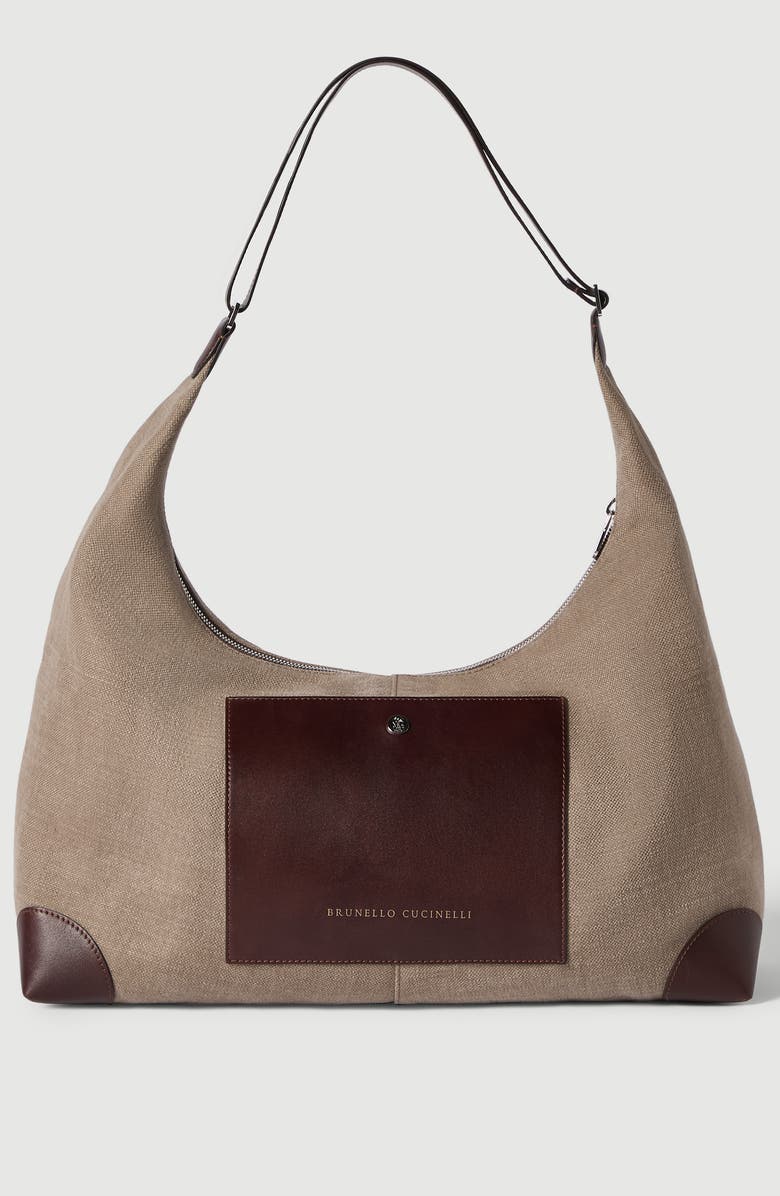 Brunello Cucinelli Canvas and calfskin messenger bag, Alternate, color, Leather