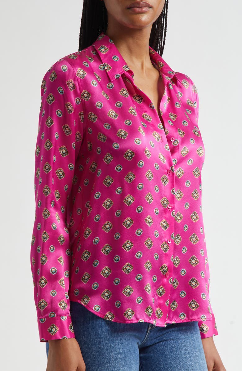 L'AGENCE Tyler Geometric Turquoise Print Silk Button-Up Shirt, Alternate, color, Fuchsia/ Turquoise Geometric