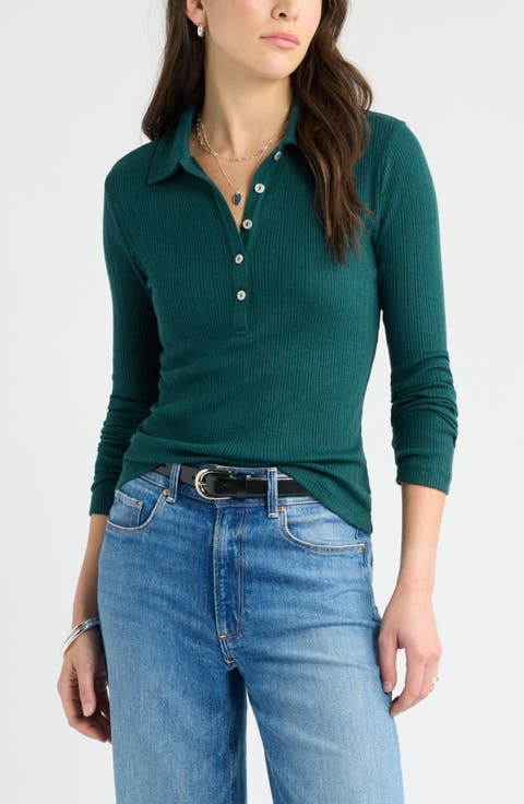 Long Sleeve Rib Polo Top