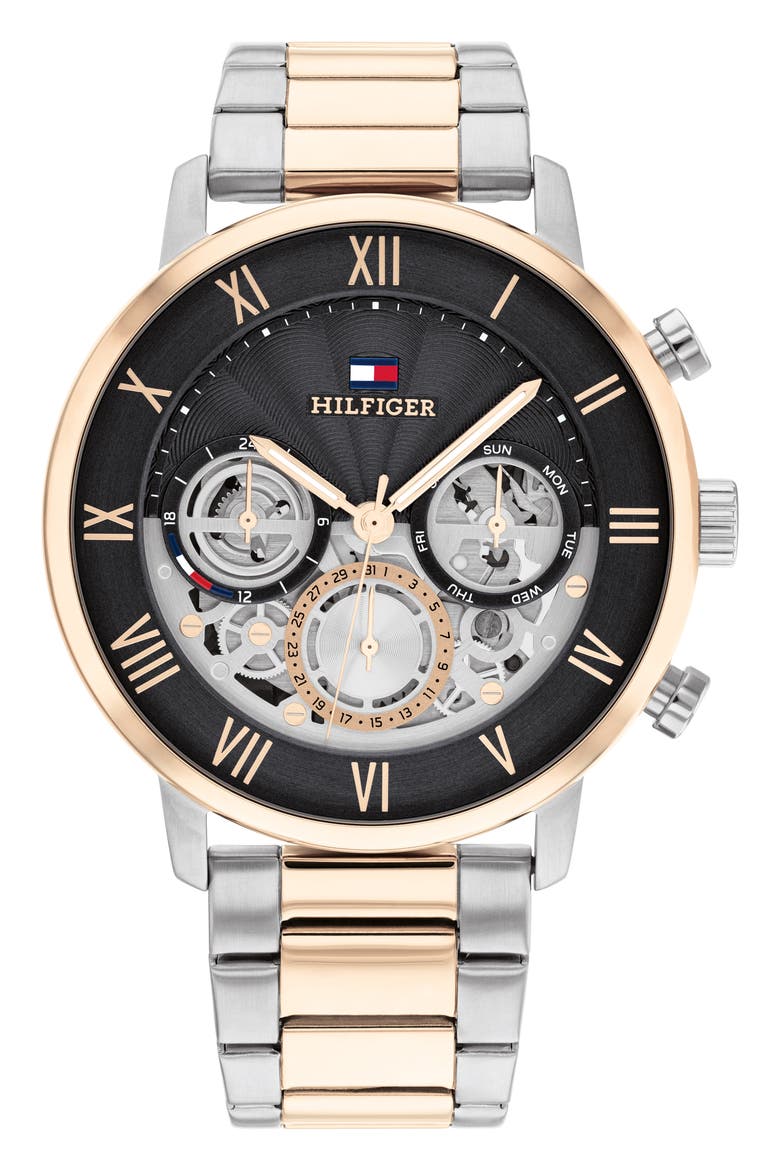 Legend Skeleton Two Tone Bracelet Watch, Main, color, BLACK/ TWO TONE