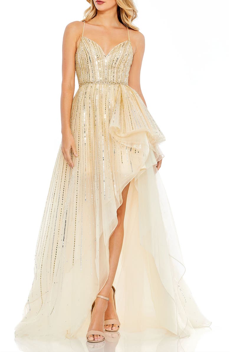 Mac Duggal Embellished Sleeveless Draped A Line Gown, Main, color, Gold Silver