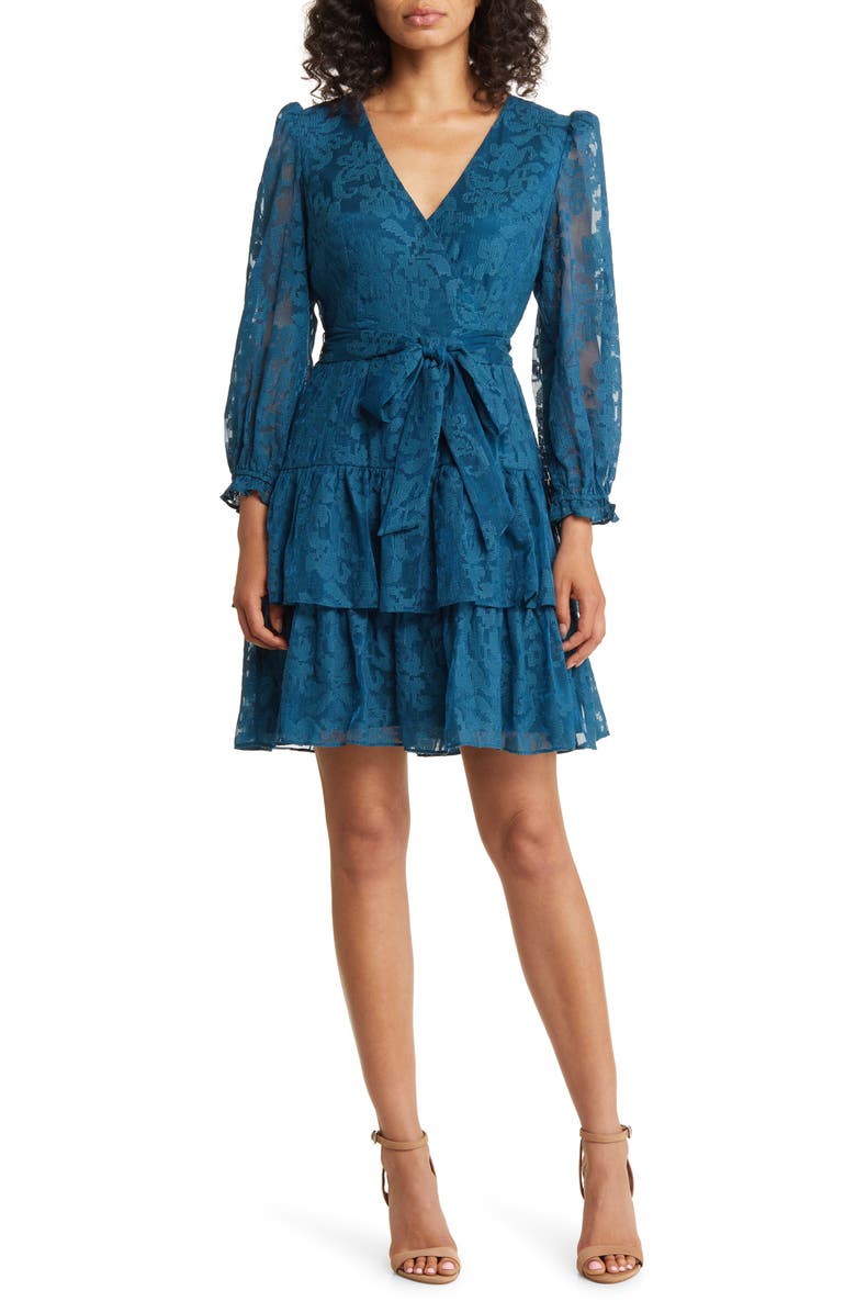 Eliza J Long Sleeve Tiered Faux Wrap Dress, Main, color, Teal