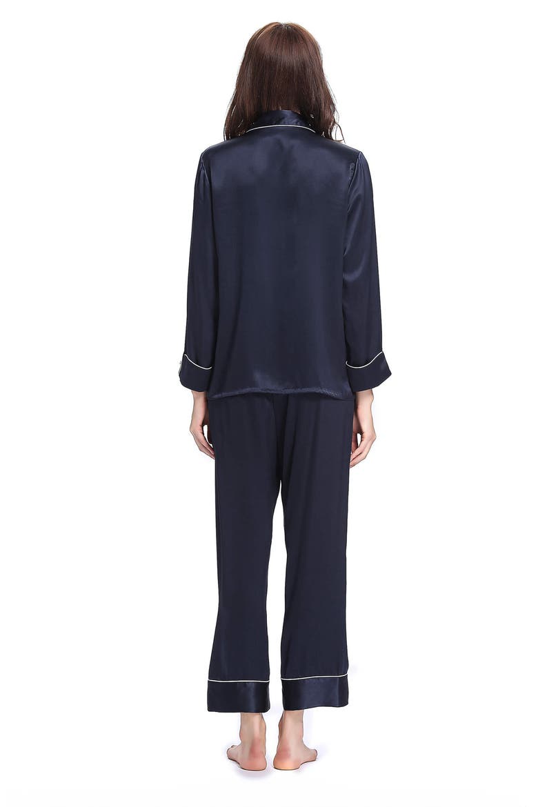 Women's Chic Trimmed Silk Pajama Set, Alternate, color, Navy Blue